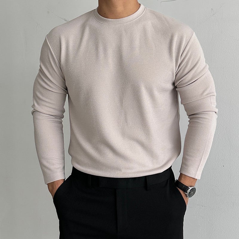Generic Autumn and Winter de Velvet thickened mens base shirt fitness sports leisure cross-border solid color long sleeve European and American round neck coat Lotus root color 