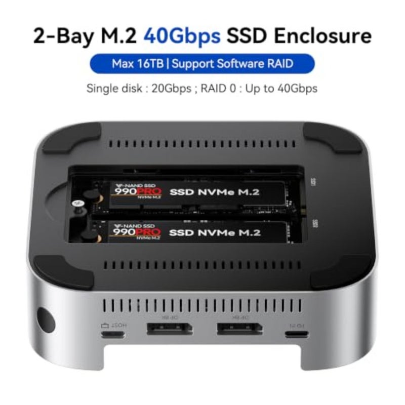 40Gbps Mac mini M4 Dock Stand with Dual-Bay NVMe SSD Enclosure, Aluminum DP Hub for Mac mini M4 and M4 Pro 2024, 4K60Hz DP, 3X10G USB A, PD 30W, SD/TF 4.0, Support Dual SSD B+M M-Key - Image 4