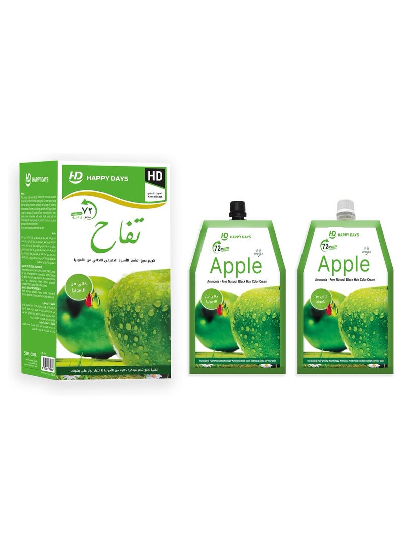 HAPPY DAYS Ammonia Free Hair Color Cream - 500 ml Cream + 500 ml Developer - Apple (Natural Black ) - Image 1