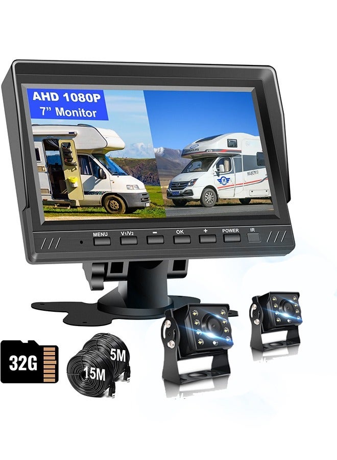 شو وو كاميرا احتياطية مزدوجة شاشة منقسمة 17.8 سم مع مجموعة بطاقة SD سعة 32 جيجابايت، شاشة AHD ثنائية القنوات منقسمة مع تسجيل 32 جيجابايت، كاميرا خلفية مقاومة للماء IP69 وكاميرا للرؤية الأمامية والخلفية لشاحنة مقطورة وشبه مقطورة صندوق - Image 1
