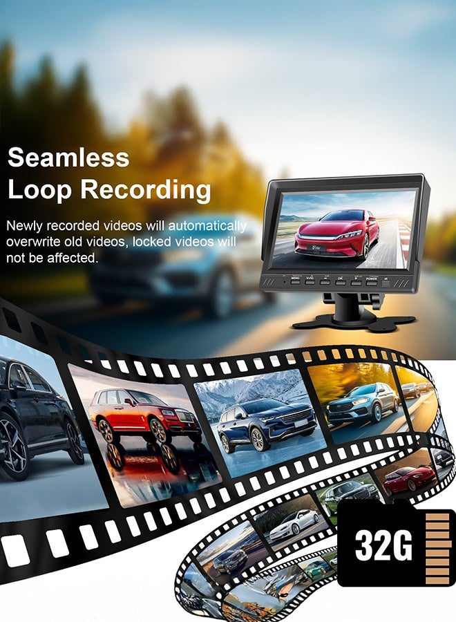 شو وو كاميرا احتياطية مزدوجة شاشة منقسمة 17.8 سم مع مجموعة بطاقة SD سعة 32 جيجابايت، شاشة AHD ثنائية القنوات منقسمة مع تسجيل 32 جيجابايت، كاميرا خلفية مقاومة للماء IP69 وكاميرا للرؤية الأمامية والخلفية لشاحنة مقطورة وشبه مقطورة صندوق - Image 3