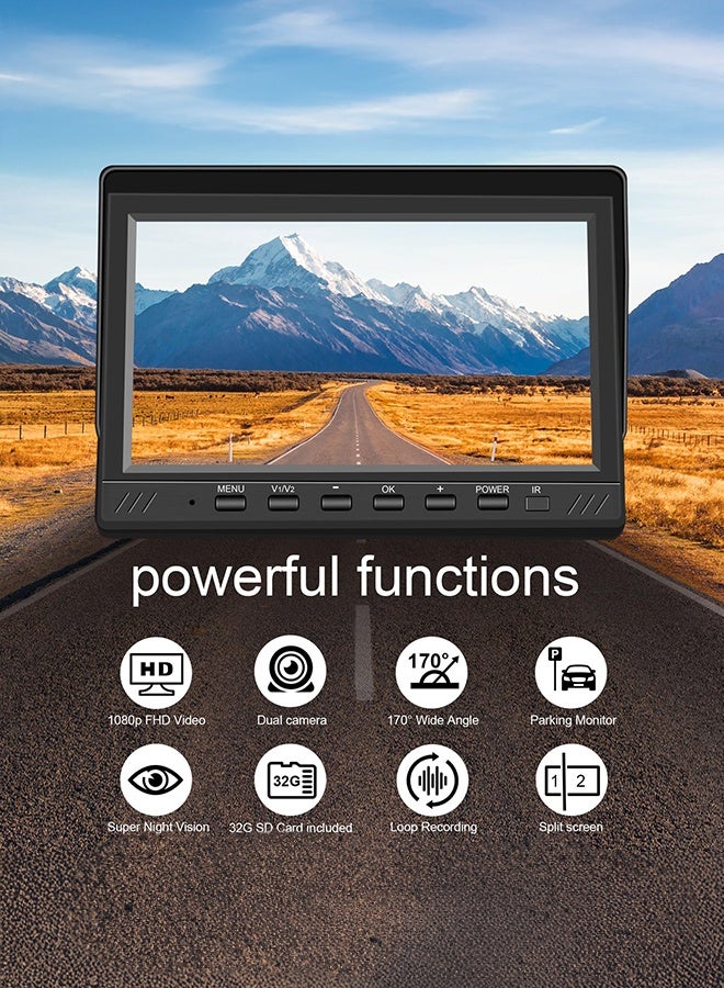 شو وو كاميرا احتياطية مزدوجة شاشة منقسمة 17.8 سم مع مجموعة بطاقة SD سعة 32 جيجابايت، شاشة AHD ثنائية القنوات منقسمة مع تسجيل 32 جيجابايت، كاميرا خلفية مقاومة للماء IP69 وكاميرا للرؤية الأمامية والخلفية لشاحنة مقطورة وشبه مقطورة صندوق - Image 2