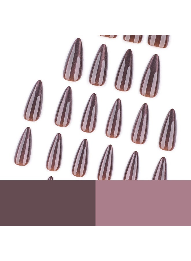 Brown Solid Cat Eye Sparkle Press-On Nails | Medium-Long Almond Shape Fake Nails for Women - Glossy Gel False Nails - Image 2