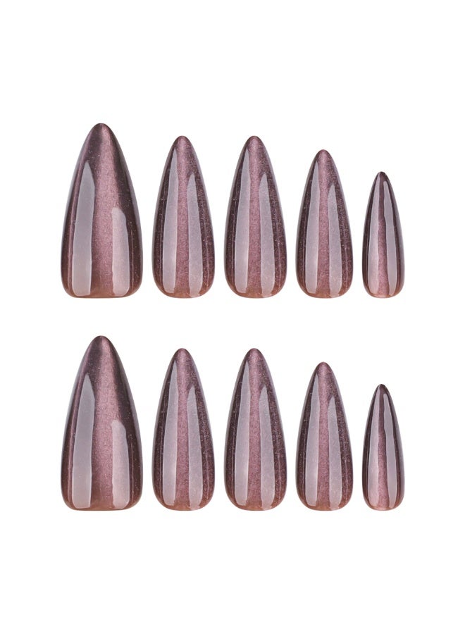 Brown Solid Cat Eye Sparkle Press-On Nails | Medium-Long Almond Shape Fake Nails for Women - Glossy Gel False Nails - Image 4