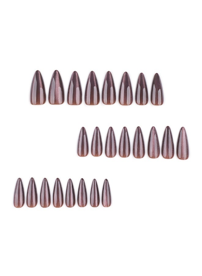 Brown Solid Cat Eye Sparkle Press-On Nails | Medium-Long Almond Shape Fake Nails for Women - Glossy Gel False Nails - Image 3