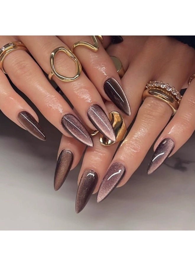 Brown Solid Cat Eye Sparkle Press-On Nails | Medium-Long Almond Shape Fake Nails for Women - Glossy Gel False Nails - Image 1