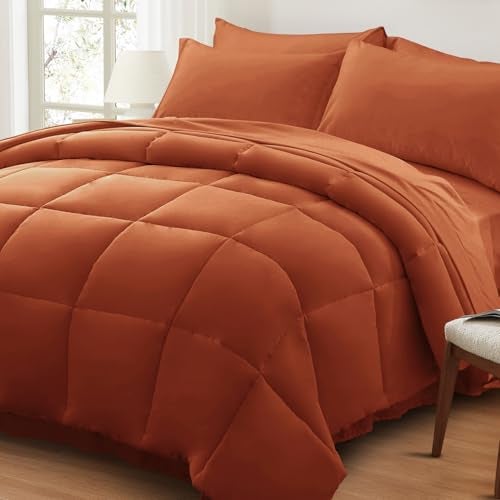 Anluoer Queen Comforter Set 7 Piece, Burnt Orange Bed in a Bag with Sheets, All Season Terracotta Bedding Comforter Sets with 1 Comforter, 2 Pillow Shams, 2 Pillowcases, 1 Flat Sheet,1 Fitted Sheet - Image 1