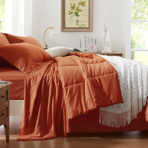 Anluoer Queen Comforter Set 7 Piece, Burnt Orange Bed in a Bag with Sheets, All Season Terracotta Bedding Comforter Sets with 1 Comforter, 2 Pillow Shams, 2 Pillowcases, 1 Flat Sheet,1 Fitted Sheet - Image 2