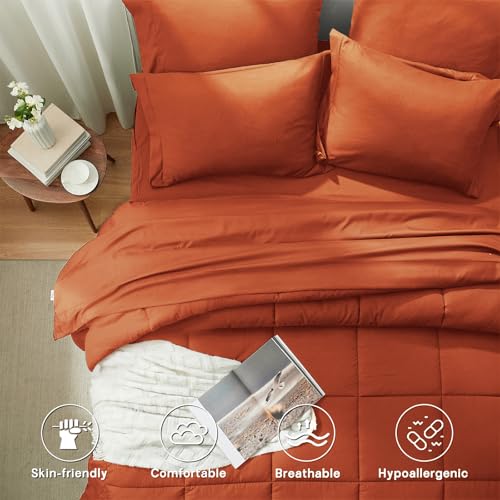 Anluoer Queen Comforter Set 7 Piece, Burnt Orange Bed in a Bag with Sheets, All Season Terracotta Bedding Comforter Sets with 1 Comforter, 2 Pillow Shams, 2 Pillowcases, 1 Flat Sheet,1 Fitted Sheet - Image 4