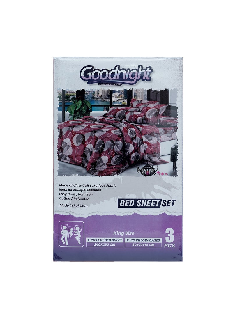 GOODNIGHT 3 Piece Luxury Bed Sheet Set with 1 Flat Sheet and 2 Pillowcases Crafted from Ultra Soft and Breathable Cotton and Polyester blend, Size 240 x 260 Cm, Assorted color 
