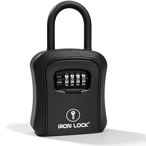 Iron Lock® Key Lock Box Portable with U-Shackle & Wall Mount – Medium Waterproof Heavy-Duty Metal Safe with 4-Digit Combination for Spare Keys Outside on Door Knob, Fence or Gate (Black, Medium) - Image 1