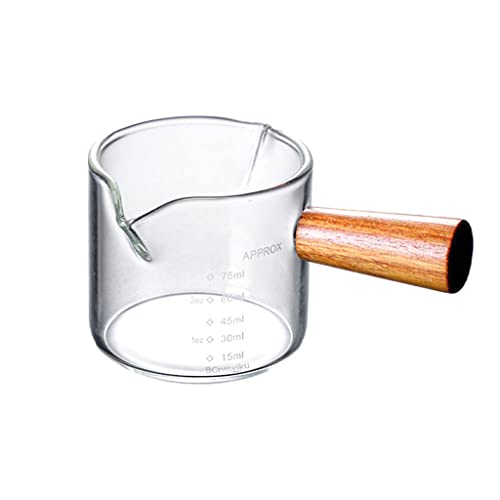 CALANDIS® Espresso Glass Measuring Cup Wooden Handle Measure Mugs Ounce Drink Shaker Double Spouts - Image 1