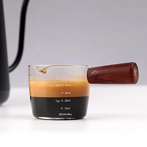 CALANDIS® Espresso Glass Measuring Cup Wooden Handle Measure Mugs Ounce Drink Shaker Double Spouts - Image 2