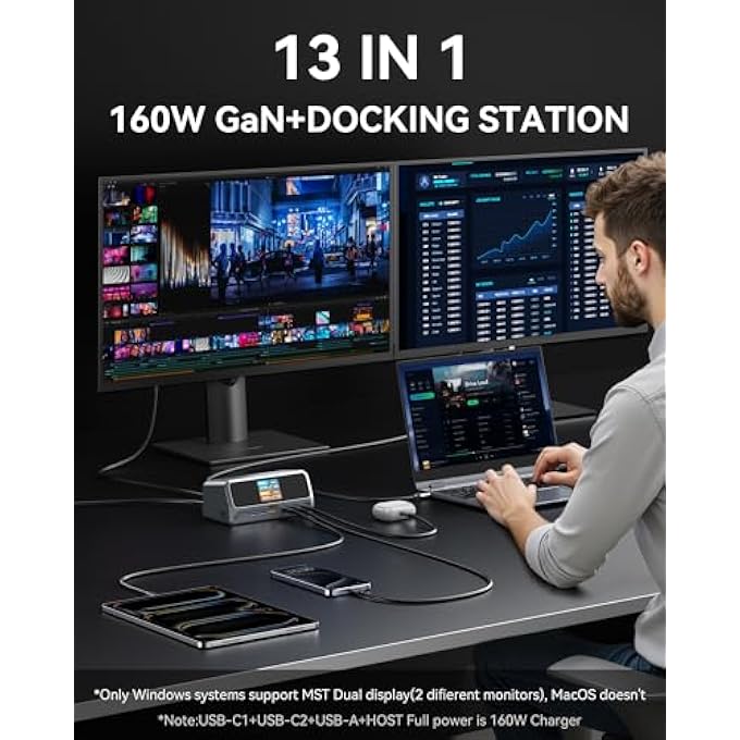 rayihni DOCKING STATION,13 IN 1 USB C LAPTOP CHARGING STATION WITH 2.26" LCD SMART DISPLAY,DUAL HDMI DISPLAY,10GBPS USB A/C PORTS,GIGABIT ETHERNET,160W MAX OUTPUT FOR MACBOOK DELL,HP,LENOVO AND MORE - Image 2