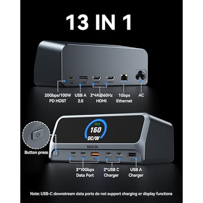 rayihni DOCKING STATION,13 IN 1 USB C LAPTOP CHARGING STATION WITH 2.26" LCD SMART DISPLAY,DUAL HDMI DISPLAY,10GBPS USB A/C PORTS,GIGABIT ETHERNET,160W MAX OUTPUT FOR MACBOOK DELL,HP,LENOVO AND MORE - Image 3