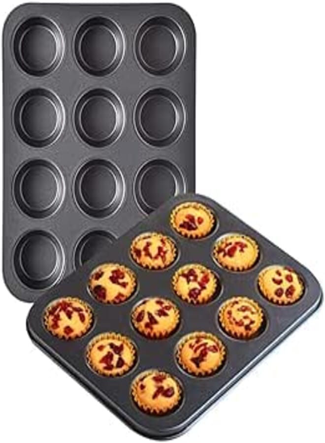 Royals Muffin Tray for Baking, BPA Free Non-Stick Carbon Steel Cupcake Tray, 446°F Heat Resistant & Easy to Clean, Microwave & OTG Oven Safe Cupcake Mould for Baking (12 Cavity)
