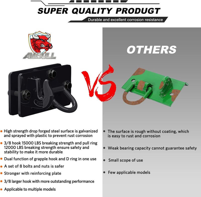 AMBULL 2 Pack Tractor Bucket Hooks with D Rings - Grade 70 Forged Steel Tow Hook Mount - Image 3