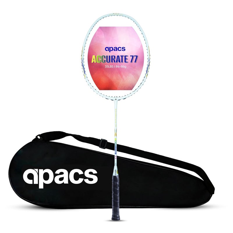 Apacs راكت بادلمنتون دقيق 77 (بدون وتر، عمود رفيع 6.8 مم) 35 رطل أقصى توتر | صنع في فيتنام | إطار أيرو أرمور (عالي التوتر) | راكت بادلمنتون من الجرافيت الياباني 100% مع غلاف كامل مجاني (أبيض لؤلؤي) - Image 1