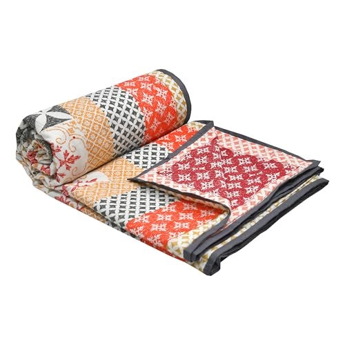 BLOCKS OF INDIA 100% Cotton Dohar King Size Reversible Hand Block Printed Malmal Summer Dohar/Blanket (Orange Ikat, 300 Tc) - Image 1