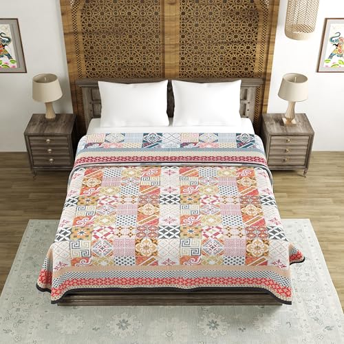 BLOCKS OF INDIA 100% Cotton Dohar King Size Reversible Hand Block Printed Malmal Summer Dohar/Blanket (Orange Ikat, 300 Tc) - Image 2