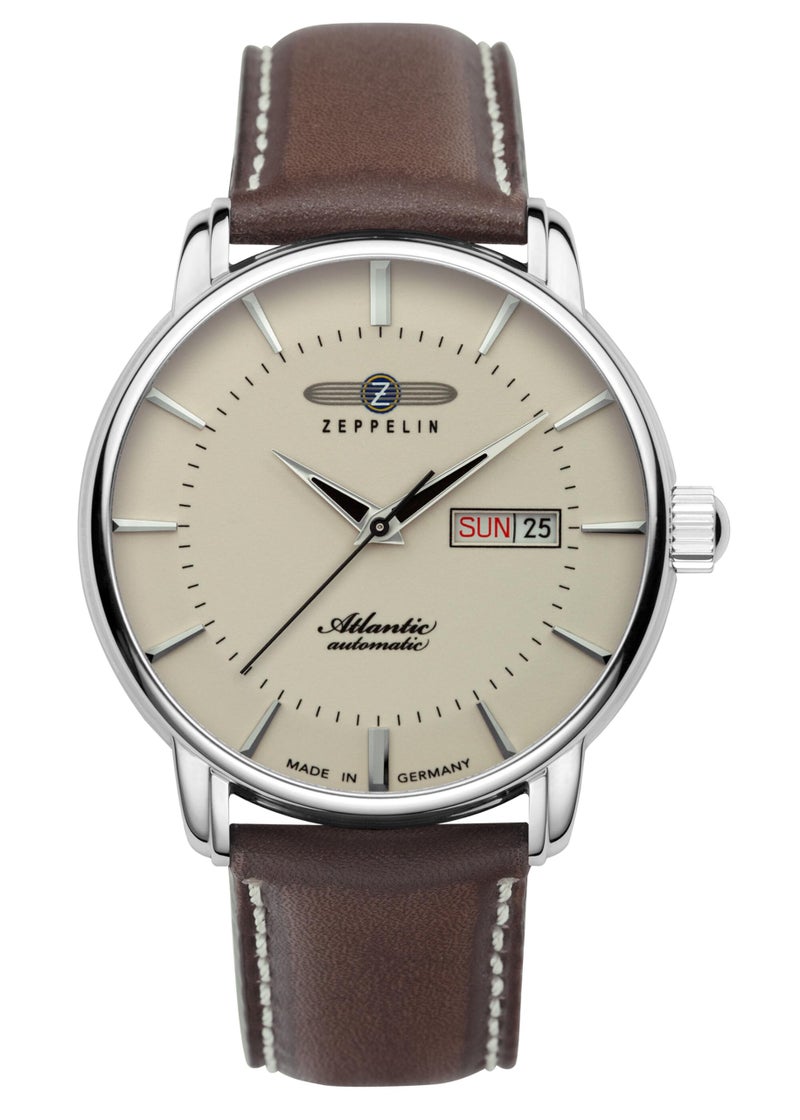 Zeppelin Leather Atlantic Day-Date Analog Dial Color Beige Men's Watch - 84665, Band Color-Brown - Image 1
