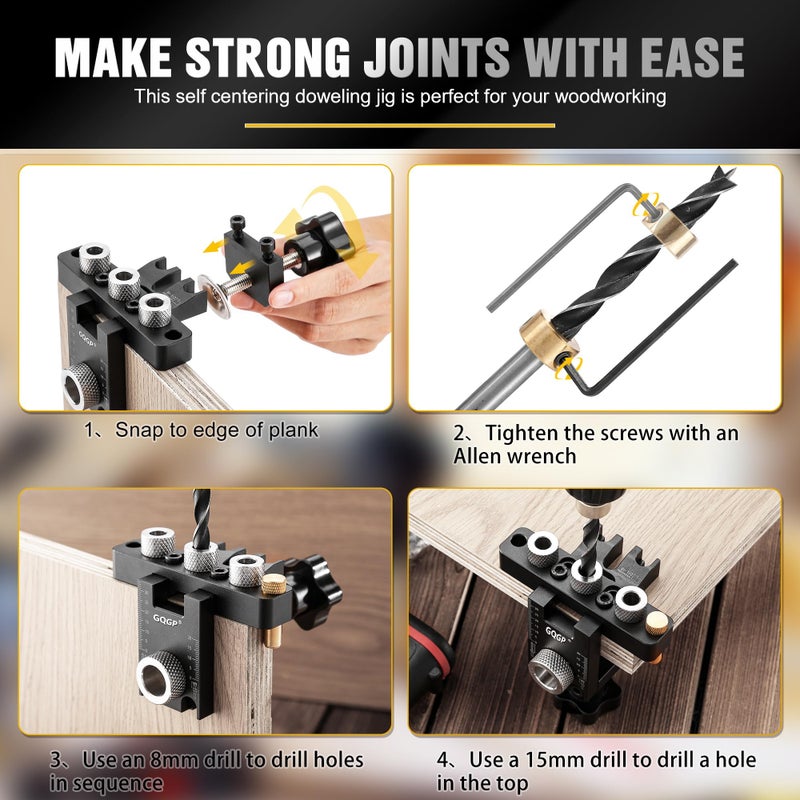 GQGP 3-in-1 Dowel Jig Kit, Self Centering Doweling Jig for Straight Holes, Woodworking Adjustable Width Drill Guides Locator, Woodworking Joints Tool with 5/16", 3/8", 19/32" Drill Bits - Image 3