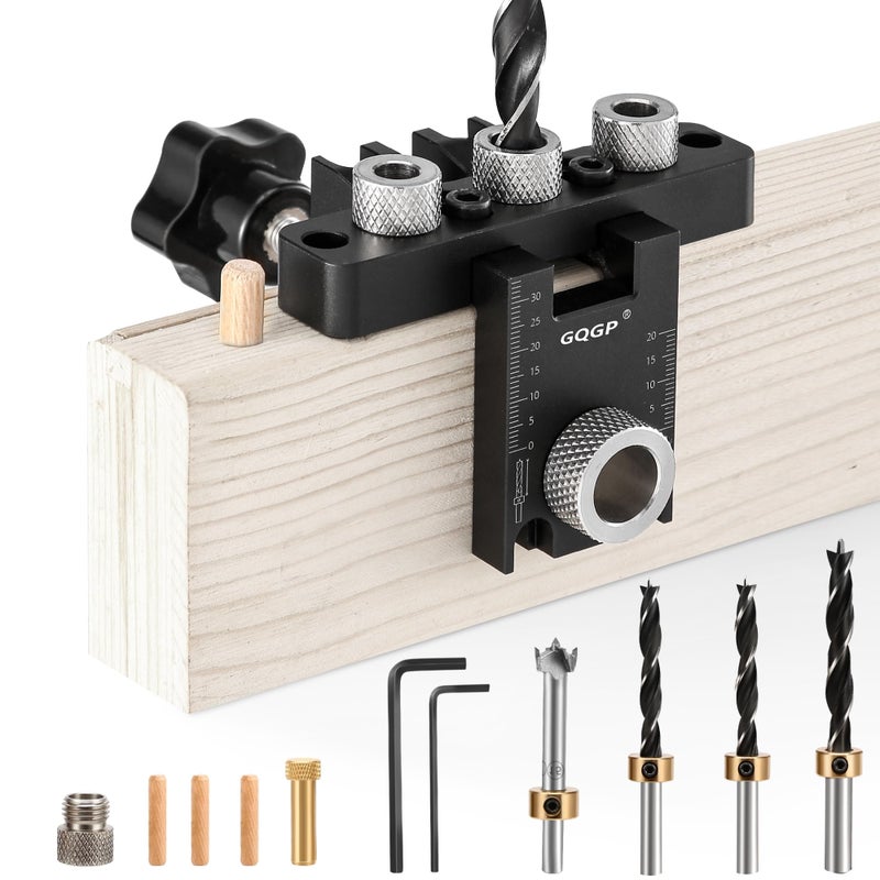 GQGP 3-in-1 Dowel Jig Kit, Self Centering Doweling Jig for Straight Holes, Woodworking Adjustable Width Drill Guides Locator, Woodworking Joints Tool with 5/16", 3/8", 19/32" Drill Bits - Image 1