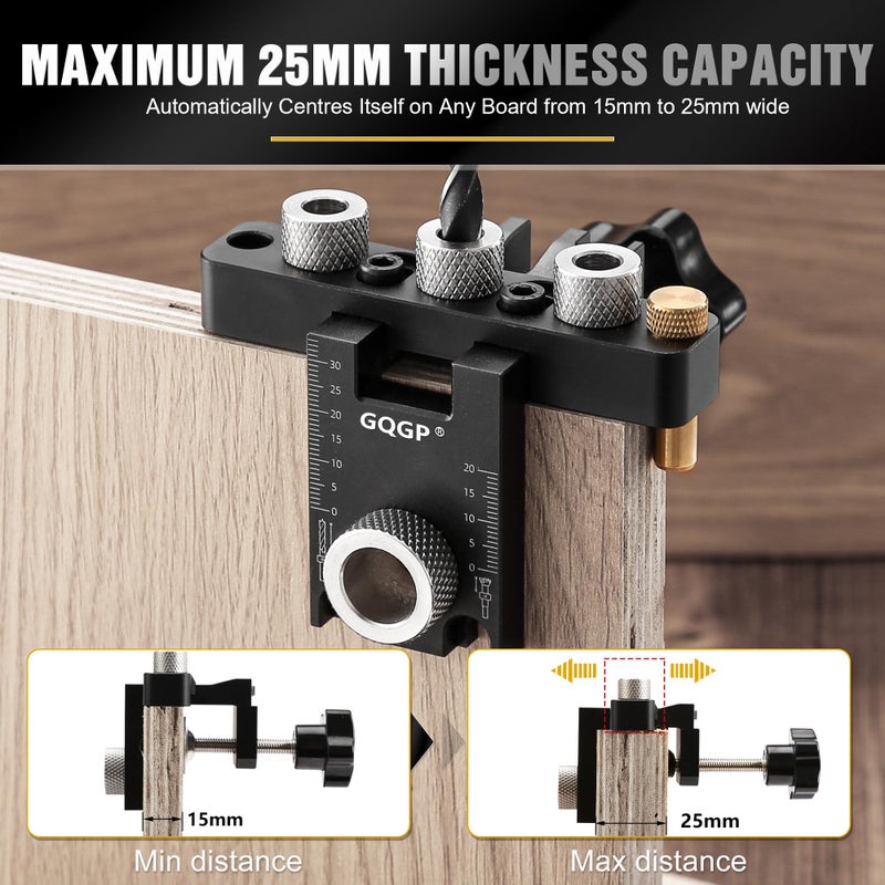 GQGP 3-in-1 Dowel Jig Kit, Self Centering Doweling Jig for Straight Holes, Woodworking Adjustable Width Drill Guides Locator, Woodworking Joints Tool with 5/16", 3/8", 19/32" Drill Bits - Image 2