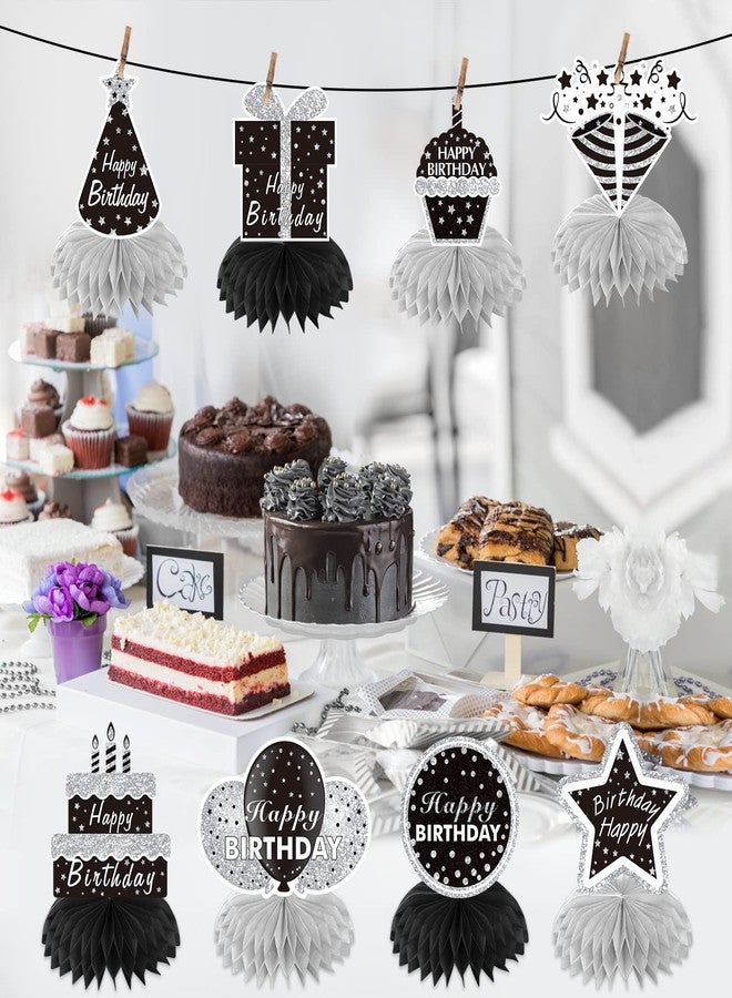 Parfundg 8Pcs Black White Silver Birthday Decorations Honeycomb Centerpieces for Women Men, Black Silver Happy Birthday Table Topper Party Supplies, 16th 21st 30th 40th 50th 60th Bday Table Centerpieces Decor - Image 3
