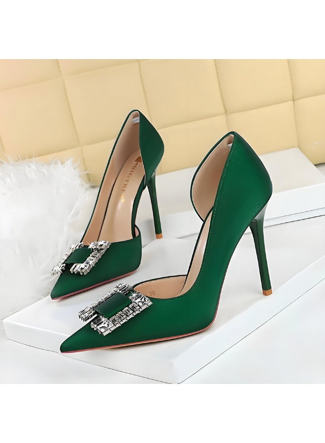 بيج تري المضخات النسائية مغلقة أشارت إصبع القدم الكعب العالي الحزب فستان الأحذية الخضراء 10.5CM - Image 1