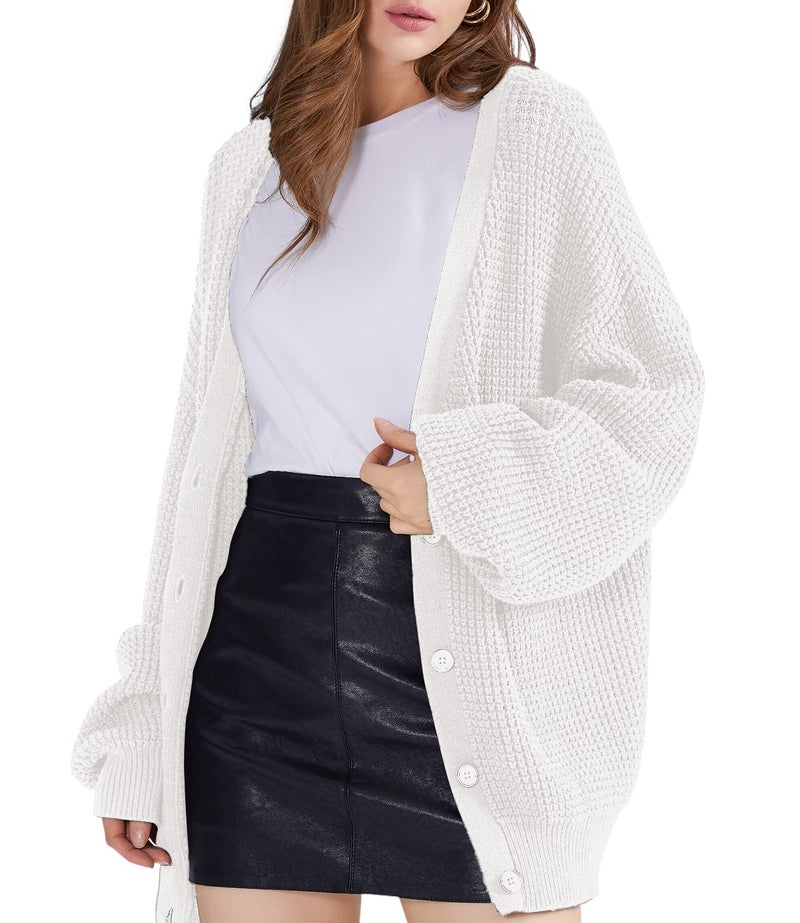 QUALFORT Womens Cardigan Sweaters for Women 100 Cotton ButtonDown Long Sleeve Oversized Knit Outerwear Fall Clothes 2025 Off White XXLarge