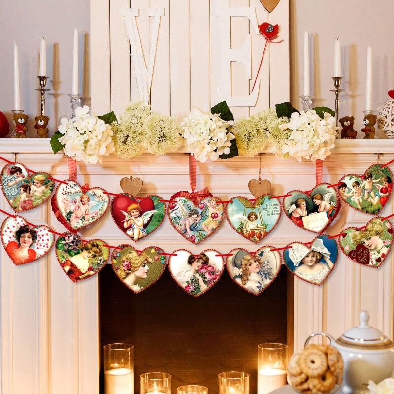 Whaline Valentine Decorations Heart Card Garland Vintage Style Retro Valentines Party Hanging Bunting Banner for Home Fireplace Wall Decor Party Supplies, 8.2Ft - Image 1