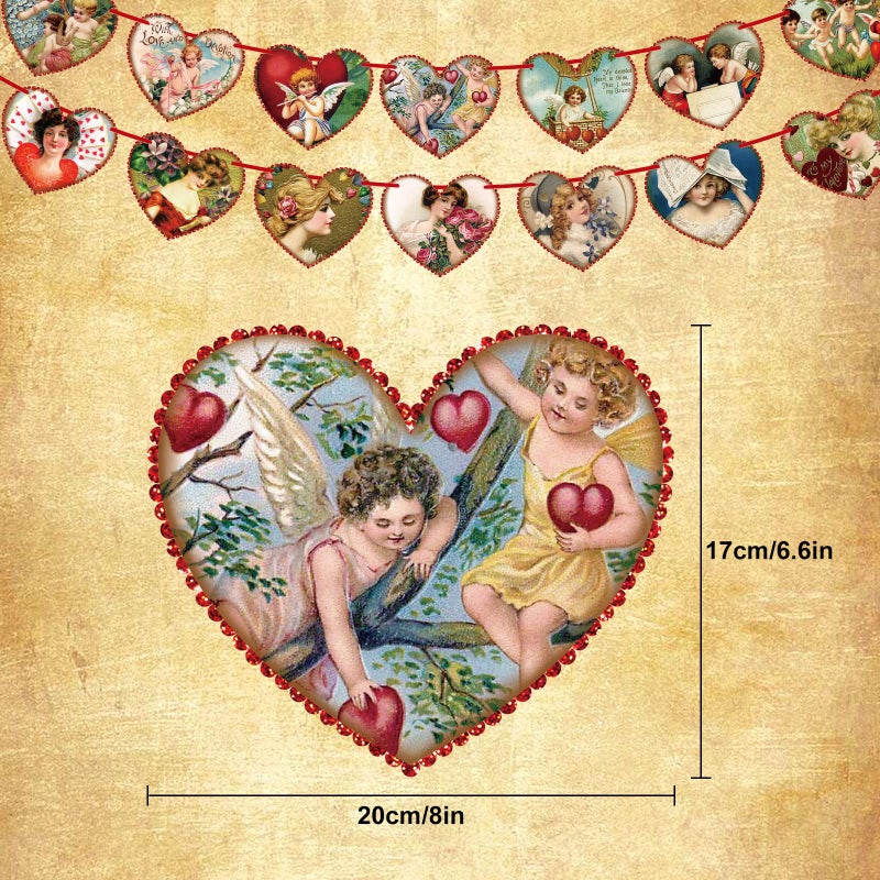 Whaline Valentine Decorations Heart Card Garland Vintage Style Retro Valentines Party Hanging Bunting Banner for Home Fireplace Wall Decor Party Supplies, 8.2Ft - Image 2