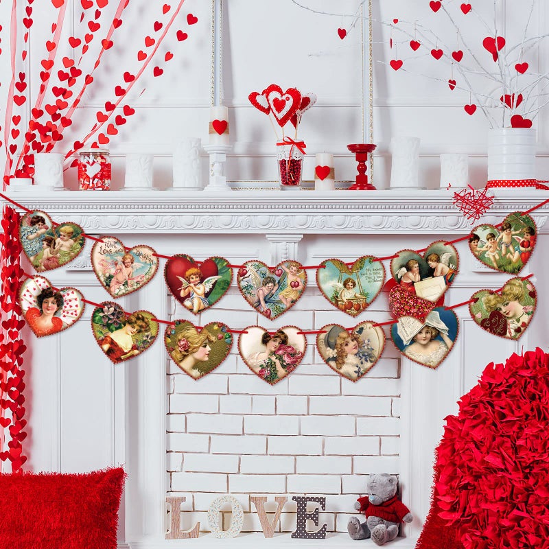 Whaline Valentine Decorations Heart Card Garland Vintage Style Retro Valentines Party Hanging Bunting Banner for Home Fireplace Wall Decor Party Supplies, 8.2Ft - Image 4