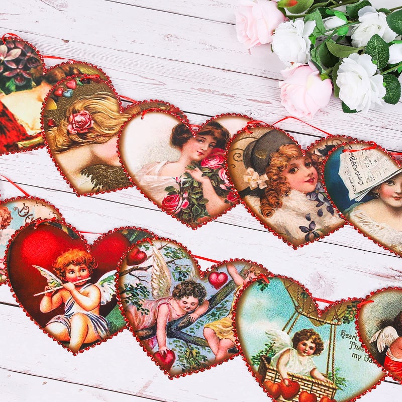 Whaline Valentine Decorations Heart Card Garland Vintage Style Retro Valentines Party Hanging Bunting Banner for Home Fireplace Wall Decor Party Supplies, 8.2Ft - Image 3