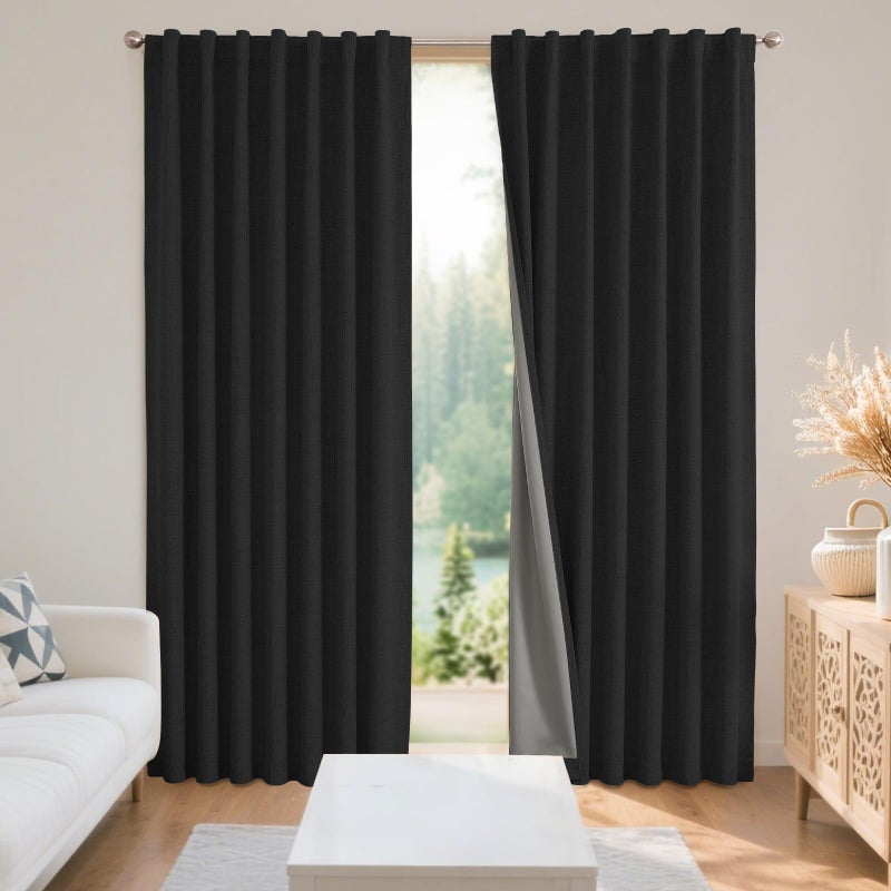 Joydeco Black Blackout Curtains for Bedroom  Linen Curtains90 inch 100 Thermal Insulated 2 Panels Light Blocking Drapes Rod Pocket  Back Tabs Darkening Privacy for Living Room