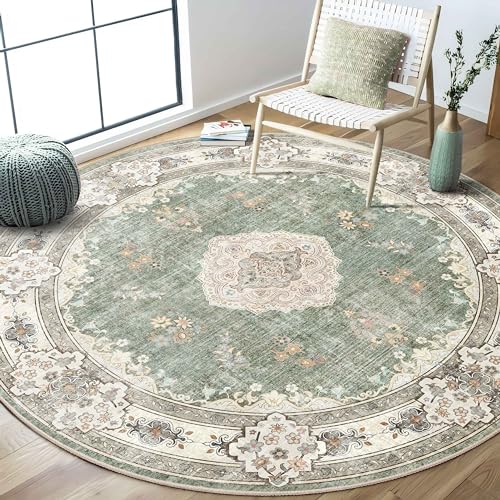 MUJOO Green Round Rug 6ftCircle Washable Area Rugs for Bedroom Living Room BathroomBoho Large Non Slip Circular CarpetSage Floral - Image 1