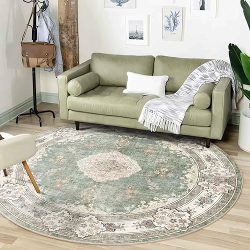 MUJOO Green Round Rug 6ftCircle Washable Area Rugs for Bedroom Living Room BathroomBoho Large Non Slip Circular CarpetSage Floral - Image 3