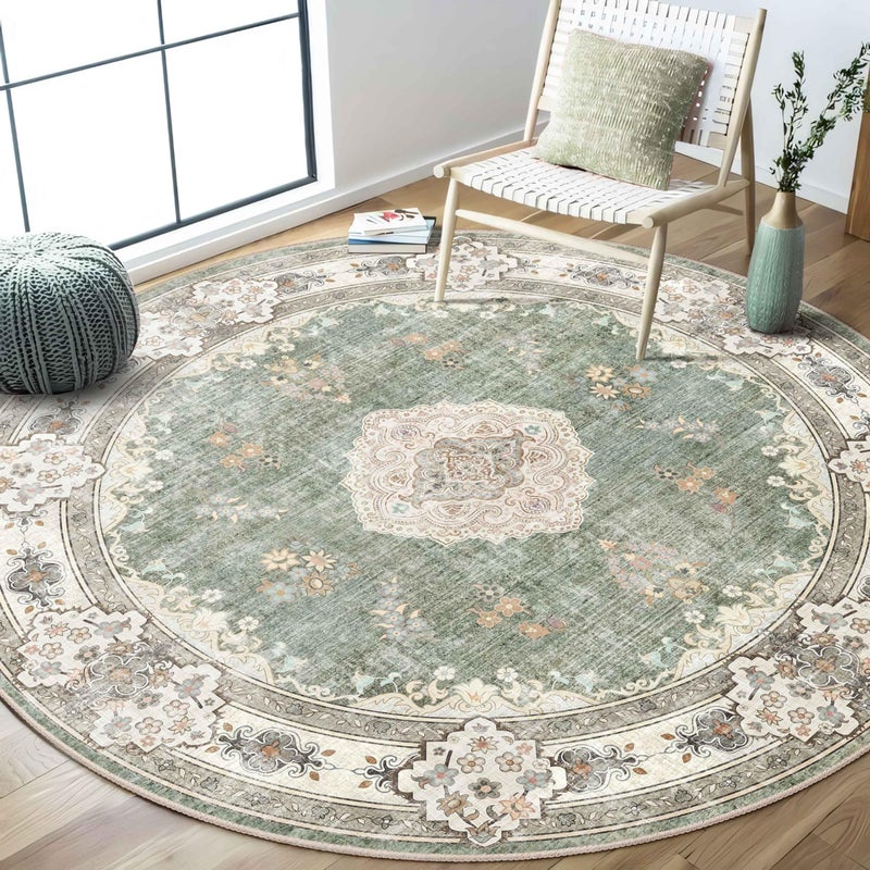 MUJOO Green Round Rug 6ftCircle Washable Area Rugs for Bedroom Living Room BathroomBoho Large Non Slip Circular CarpetSage Floral - Image 2