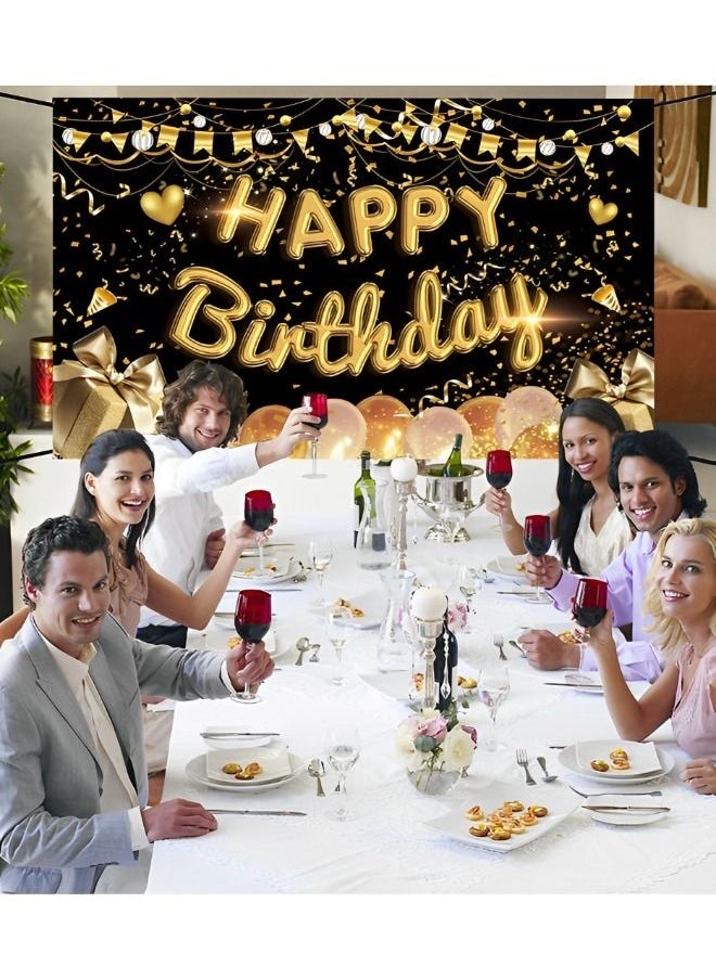 GROIC - Happy Birthday Party Decorations Supplies Birthday Party Backdrop Happy Birthday Banner Baby Shower Photography Background Photo Booth Black and Gold 180*110cm - Image 1