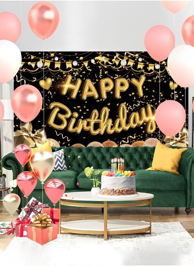 GROIC - Happy Birthday Party Decorations Supplies Birthday Party Backdrop Happy Birthday Banner Baby Shower Photography Background Photo Booth Black and Gold 180*110cm - Image 1