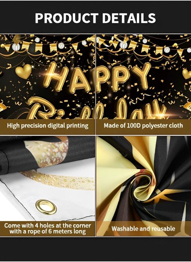 GROIC - Happy Birthday Party Decorations Supplies Birthday Party Backdrop Happy Birthday Banner Baby Shower Photography Background Photo Booth Black and Gold 180*110cm - Image 1
