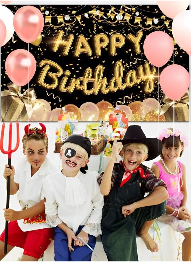 GROIC - Happy Birthday Party Decorations Supplies Birthday Party Backdrop Happy Birthday Banner Baby Shower Photography Background Photo Booth Black and Gold 180*110cm - Image 1