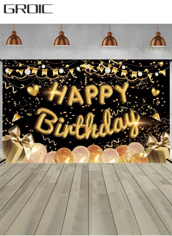GROIC - Happy Birthday Party Decorations Supplies Birthday Party Backdrop Happy Birthday Banner Baby Shower Photography Background Photo Booth Black and Gold 180*110cm - Image 1