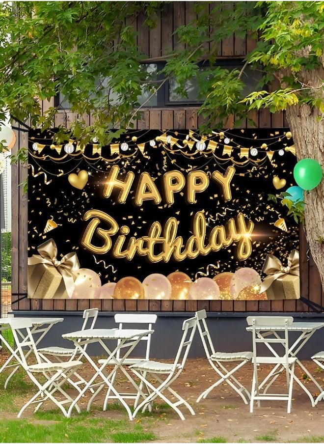 GROIC - Happy Birthday Party Decorations Supplies Birthday Party Backdrop Happy Birthday Banner Baby Shower Photography Background Photo Booth Black and Gold 180*110cm - Image 1