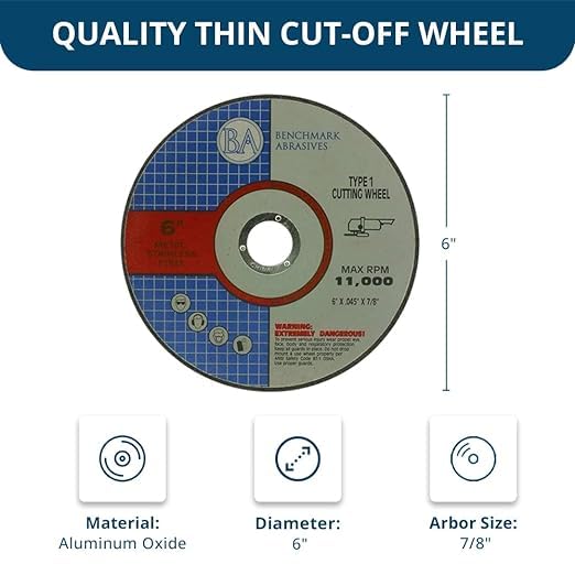 Benchmark Abrasives 6 Inch Aluminum Oxide Thin Type 1 Grinder Cut Off Wheels for Metal and Stainless Steel .045" Thick 7/8" Arbor, Angle Grinder Cutting Disc, Grinding Cutting Wheel - 25 Count - Image 5