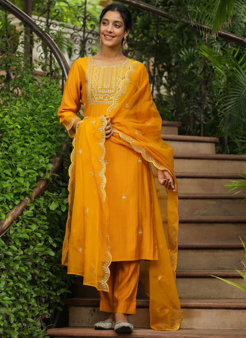 ZERESOUQ Mustard Silk Blend Embroidered 3-Piece Kurta Set