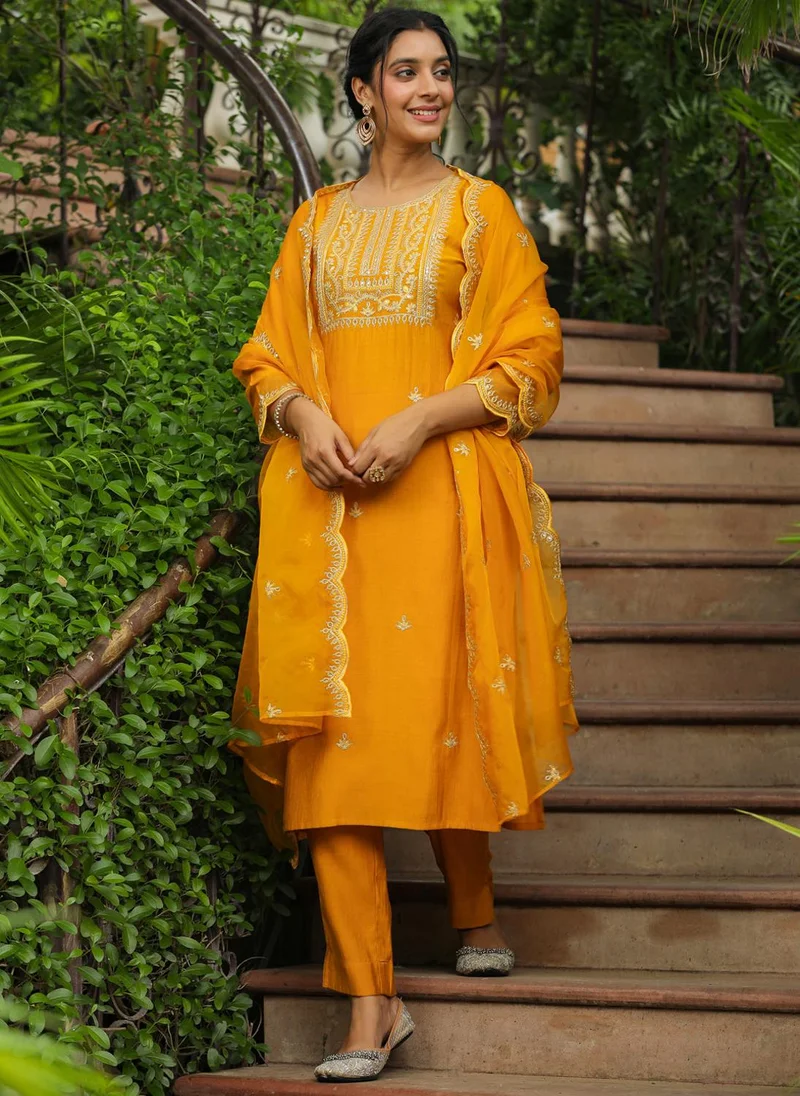 ZERESOUQ Mustard Silk Blend Embroidered 3-Piece Kurta Set