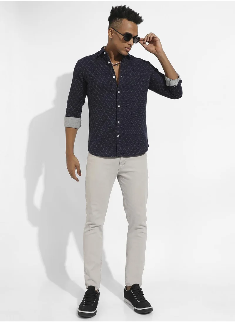Campus Sutra Men's Navy Blue Chalk Diamomd Shirt