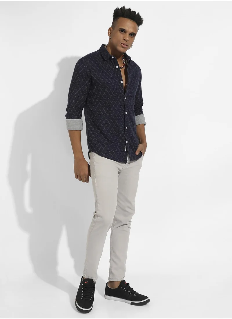 Campus Sutra Men's Navy Blue Chalk Diamomd Shirt
